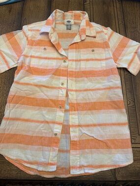 Old Navy Orange and White Striped Short Sleeve Button-Up